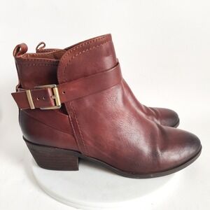 Vince Camuto Ankle Boots 6.5 Leather Brown Buckle Strap Side Zip Block Heel Chic